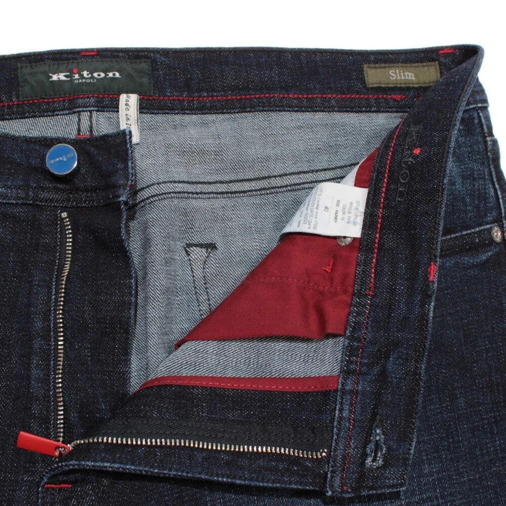 Kiton NWT Jeans Size 40 US Slim In Solid Dark Blue Cotton Blend Denim